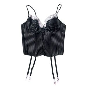 2000s y2k black and baby pink pinstripe corset top with suspenders